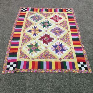 Vintage Handmade Unfinished Throw Quilt Topper Rainbow Star Fruit Pattern 61x82